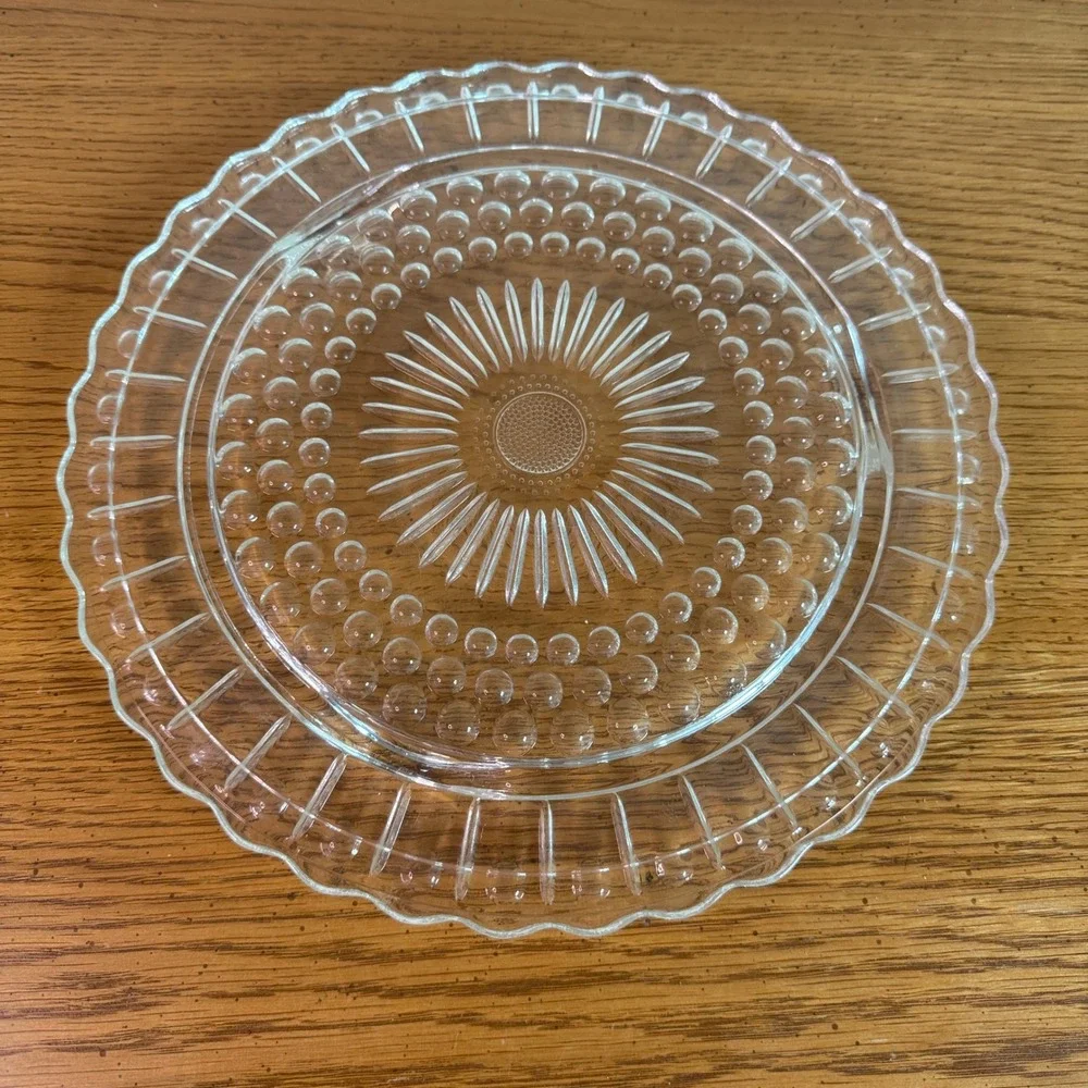 Vintage Clear Glass Serving Plate Charger Embossed Sunburst &‎ Bubble Design